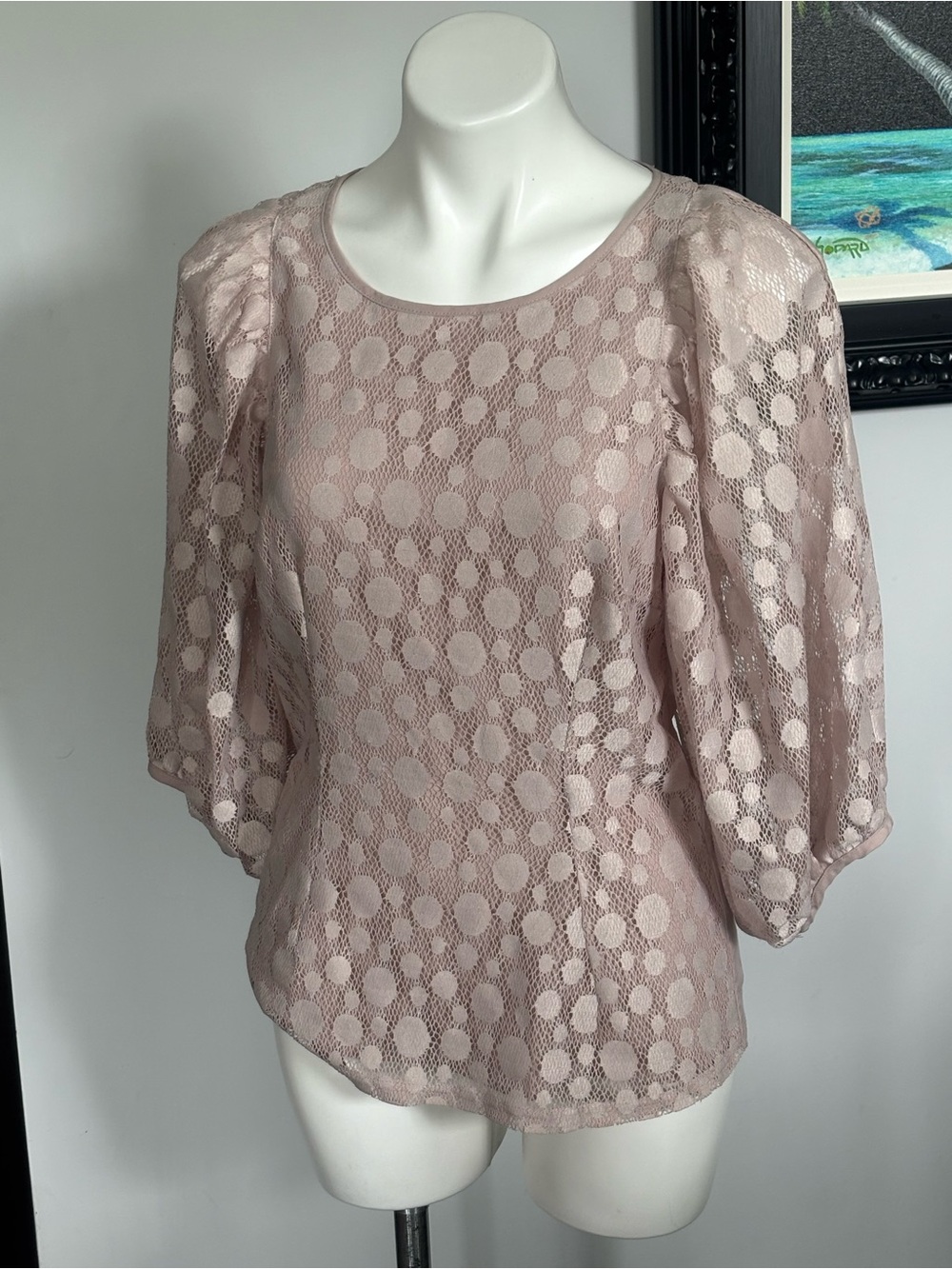 Armani Exchange Blush Lace Dot Puffy Sleeve Blouse PTP 16-18”